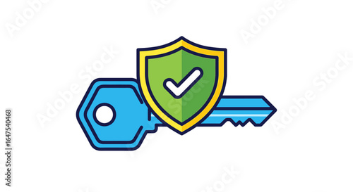A blue key is protected by a green shield with a white checkmark, symbolizing security.