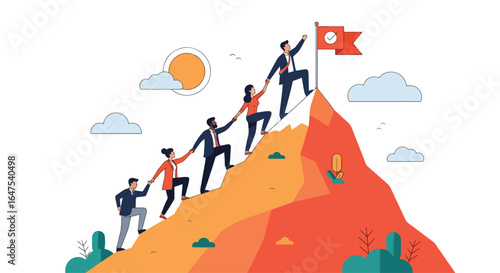 Illustration of diverse business team climbing mountain together to reach goal, symbolizing teamwork, leadership, success, determination, partnership, and achieving milestones in business