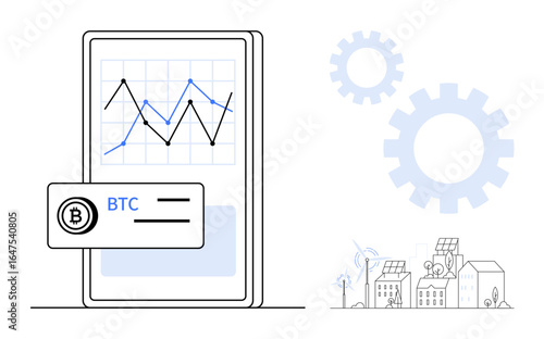 Smartphone with a Bitcoin graph, gears, eco-friendly town with wind turbines and solar panels. Ideal for cryptocurrency, blockchain, green technology, fintech, sustainability, clean energy