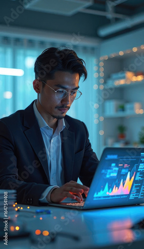 AI agent supporting business processes with automation technology. Generative artificial intelligence analyzing data and predicting future. Businessman using laptop computer.