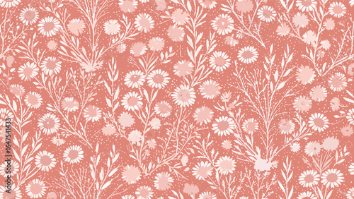 Delicate floral pattern featuring white flowers and foliage on a soft coral background creating a seamless design