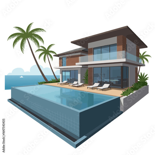 Modern Beachfront Villa with Infinity Pool and Palm Trees Overlooking The Ocean