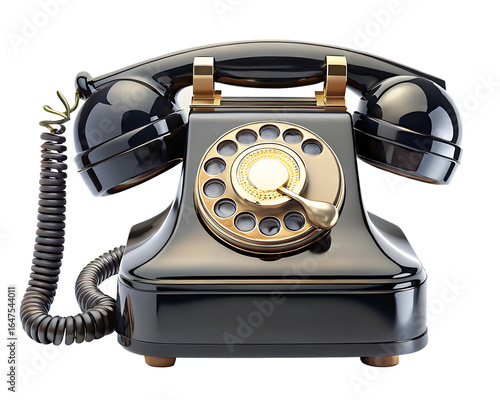 Black vintage rotary telephone with gold accents and coiled cord isolated on a transparent background