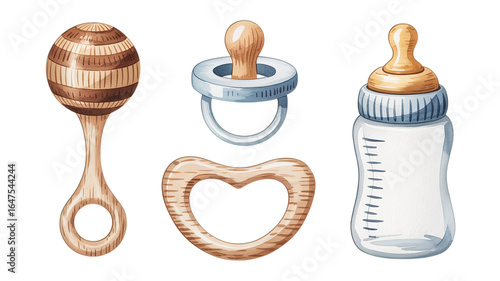 Illustration of baby items including rattle pacifier and bottle