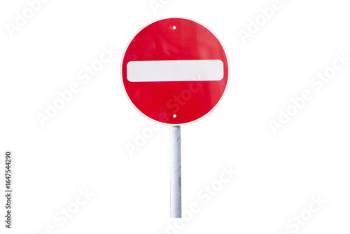 Do Not Enter or no entry sign made of symbol white triangular aluminum, red isolated on cutout PNG or transparent background. Rules for road. Regulatory signs for vehicular traffic sign.