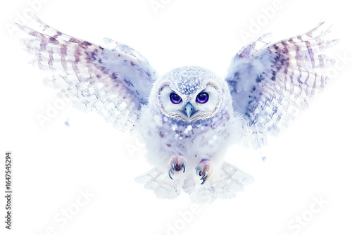 Majestic white owl with vibrant purple eyes in mid-flight.