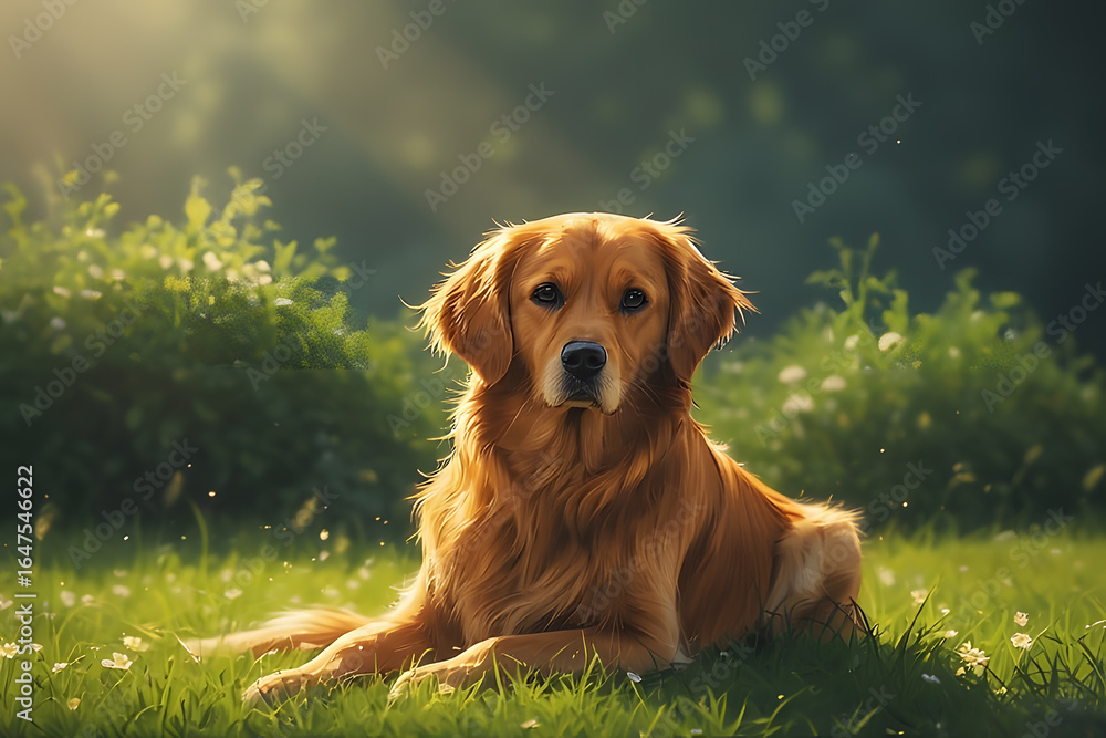 Fototapeta premium Golden Retriever Relaxing in a Sunlit Meadow Surrounded by Lush Greenery