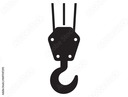 Crane hook vector icon. Industrial lifting equipment symbol for construction, heavy machinery, and cargo handling. Vector black silhouette. with white background