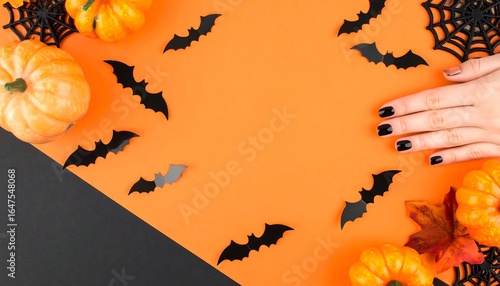 Halloween Flat Lay with Black Bats, Pumpkins, Spiderwebs, and Woman's Hand with Black Manicure on Orange and Black Background