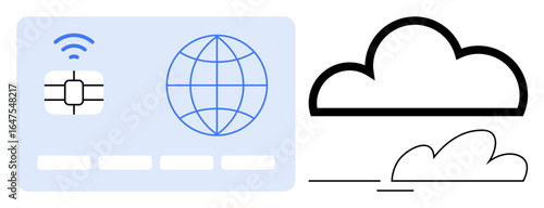 Smart chip card and global network icon representing digital communication, paired with minimalistic cloud symbols. Ideal for technology, data, connectivity, networking, security, cloud computing
