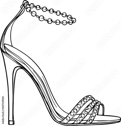 "Elegant Vector Illustration of High-Heeled Sandal with Thin Stiletto Heel, Open Toe Design, Decorative Straps, and Circular Adornments – Ideal for Fashion Design, Formal Wear Concepts, Footwear Brand