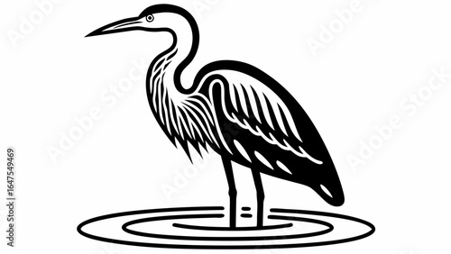 Black and White Continuous Line Crane Bird in Water