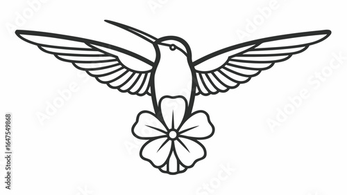 Line Art Hummingbird Hovering Over Flower on White Background
