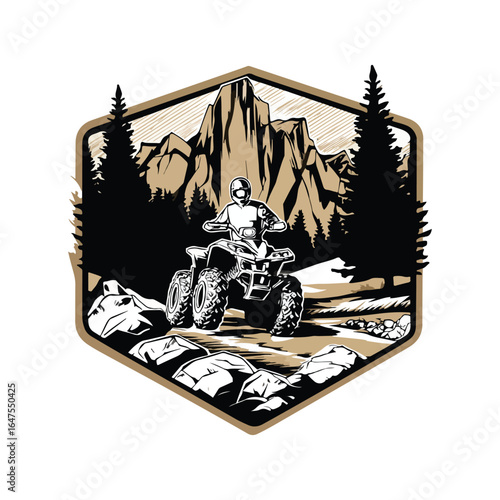 Bold badge-style vector logo of a white man riding an ATV on rocky terrain. Surrounded by pine trees and sharp mountains. Rugged and masculine, with solid black, white, and brown accents.