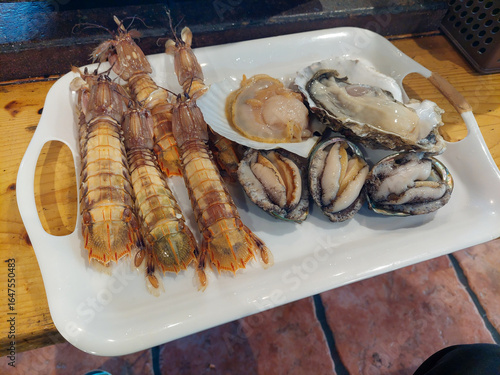 Fresh mantis shrimp and abalone
