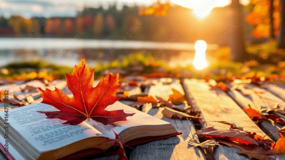 Autumnal scene with open book and vibrant maple leaf Autumnal scene with open book and vibrant maple leaf