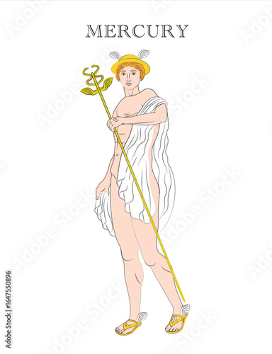 Mercury, Roman god of boundaries, commerce, communication, eloquence, financial gain, languages, luck, thieves, travelers, and trickery