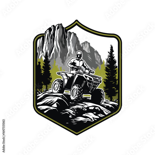 Bold badge-style vector logo of a white man riding an ATV on rocky terrain. Surrounded by pine trees and sharp mountains. Rugged and masculine, with solid black, white, and brown accents.