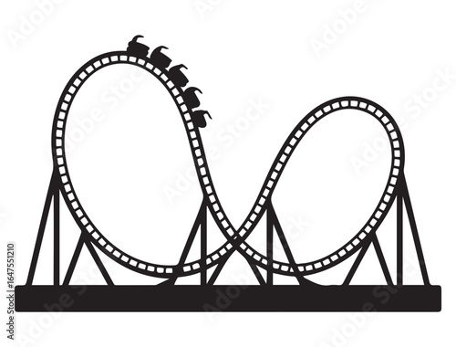 Amusement park roller coaster vector icon. Thrill ride, theme park, fun, excitement, vacation, or family entertainment symbol. Vector black silhouette. with white background
