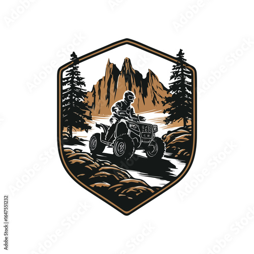 Bold badge-style vector logo of a white man riding an ATV on rocky terrain. Surrounded by pine trees and sharp mountains. Rugged and masculine, with solid black, white, and brown accents.