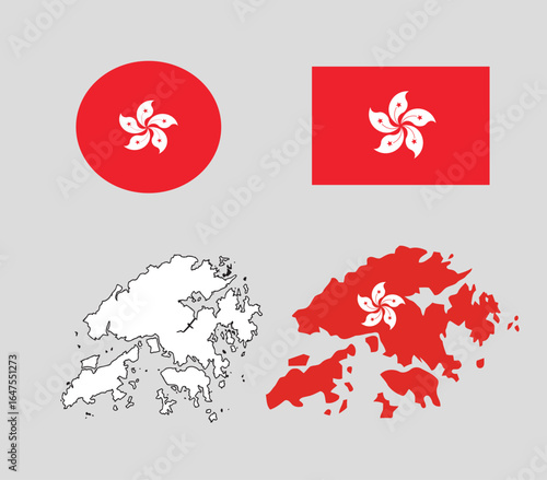 hongkong map and flag, flag in rectangle and circle,outline and national colour map,vector illustration
