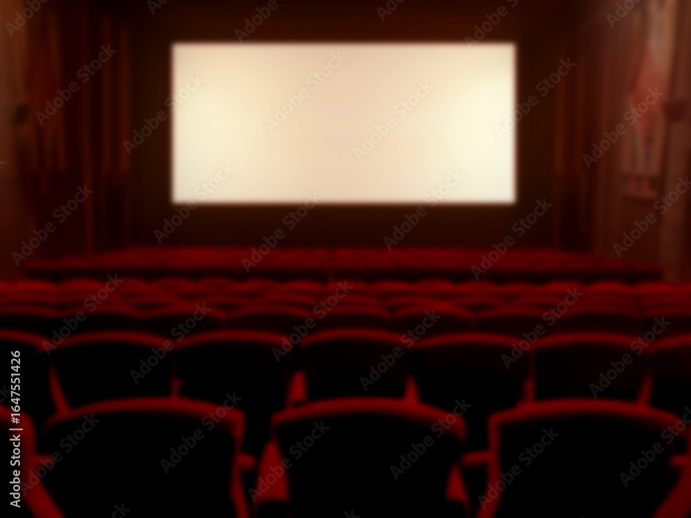 Fototapeta premium Blurred image of a classic movie theater with red velvet seats and a widescreen monitor.