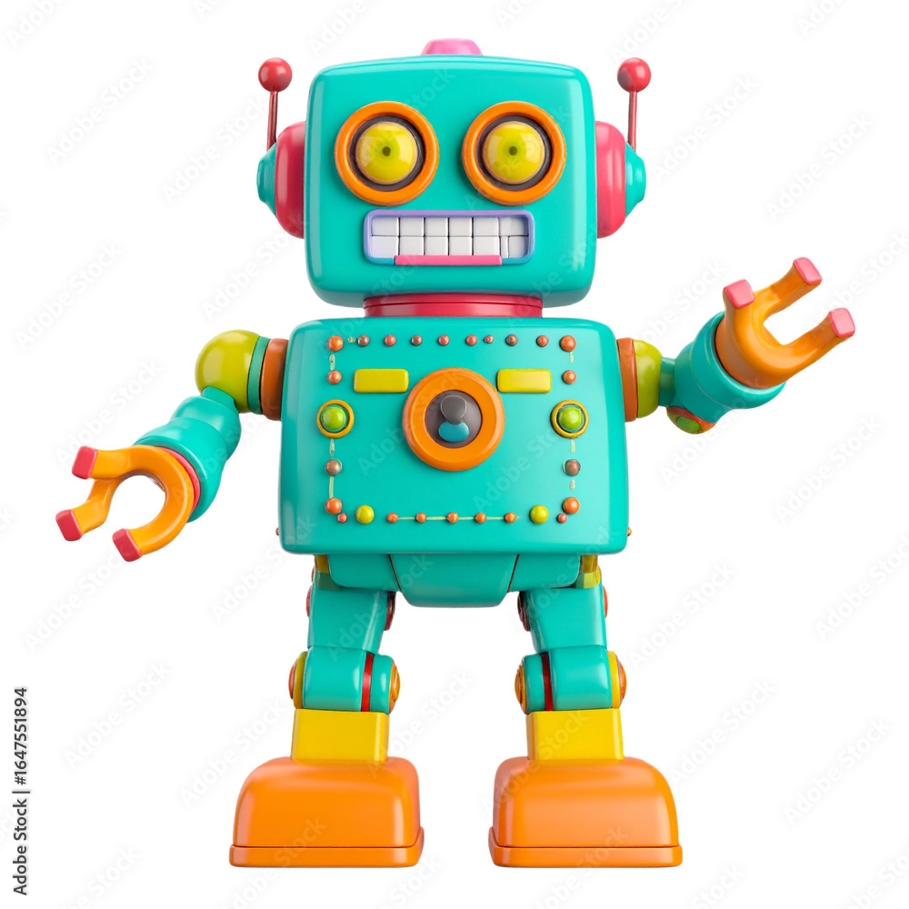 Fototapeta premium A colorful retro robot figure with large eyes and a smiling mouth, designed in a playful and whimsical style against a black background.