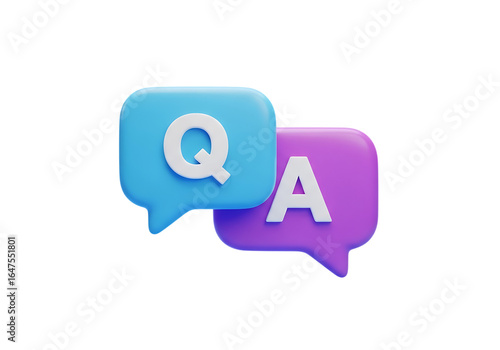QA 3d icon. Letters Q and A in chat bubbles. Question and answer concept. FAQ, frequently asked questions, dialog concept. 3d illustration isolated on transparent background