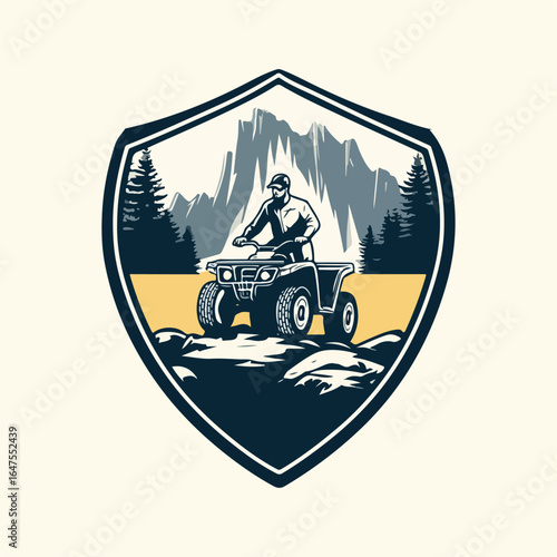 Bold badge-style vector logo of a white man riding an ATV on rocky terrain. Surrounded by pine trees and sharp mountains. Rugged and masculine, with solid black, white, and brown accents.