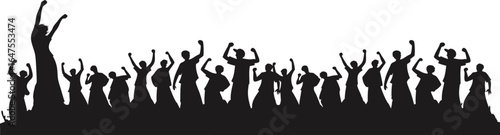 Silhouette crowd of cheering people with raised hands, perfect for concert posters, festival banners, sports events, party invitations, and celebration-themed graphic designs.