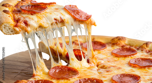 Pepperoni Pizza boasts gooey cheese in bright light; good for restaurant menus, social media ads, or food blogs.