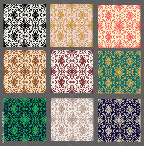 Ornamental Floral Tile Grid Pattern – Seamless Vector Set of Decorative Squares with Symmetrical Motifs for Textile, Cultural, and Surface Design Projects