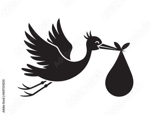 very simple flat and single minimalist Stork Brings Baby. Vector black silhouette. with white background