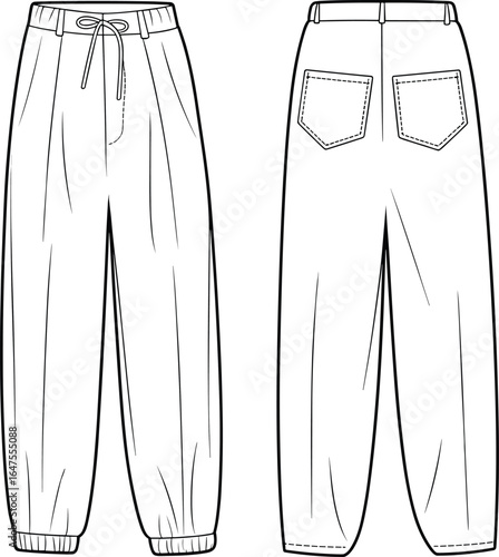 Vector illustration of casual jogger pants front and back view, fashion design, comfortable streetwear, elastic waist, pockets, cuffed ankles