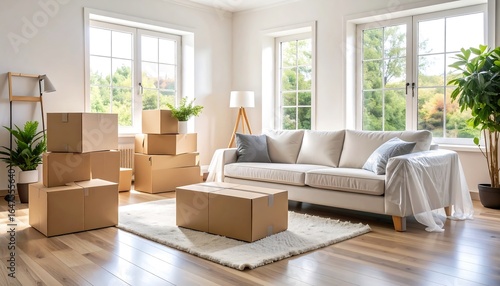 Bright interior of modern living room during move in new house