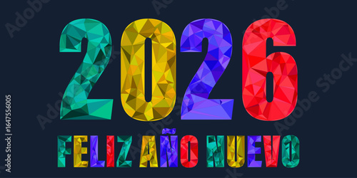 Tarjeta o pancarta para desear un feliz año nuevo 2026 en varios colores con efecto diamante sobre fondo negro
