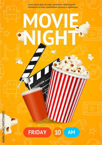 Cinema Movie Night Placard Poster Banner Card Template with Clapper Board, Drink and Popcorn. Vector illustration of Cinematography Event