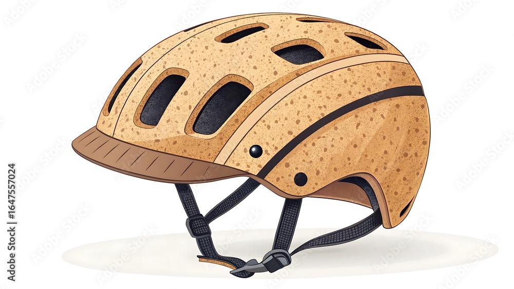 Fototapeta premium Sustainable Design Bicycle Helmet with Cork Texture and Visor, Isolated on White Background - Eco-Friendly Cycling Safety Gear Illustration