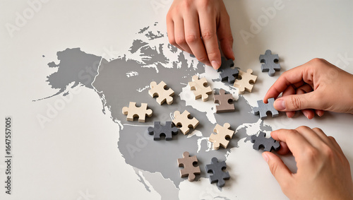 Alaska negotiations visualized with game pieces moved on map by hands, highlighting international cooperation. Game pieces and map provide overview during Alaska negotiations,