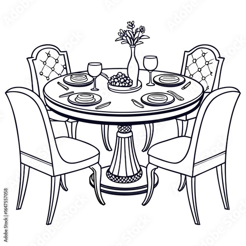 Elegant dining table with flower and fruit isolated on white background