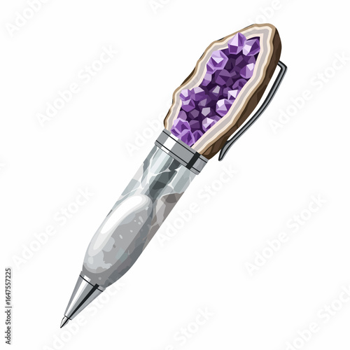 3D illustration of a unique crystal geode pen with purple amethyst