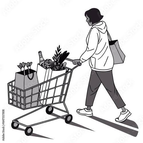 Woman pushing a shopping cart full of groceries isolated on white background