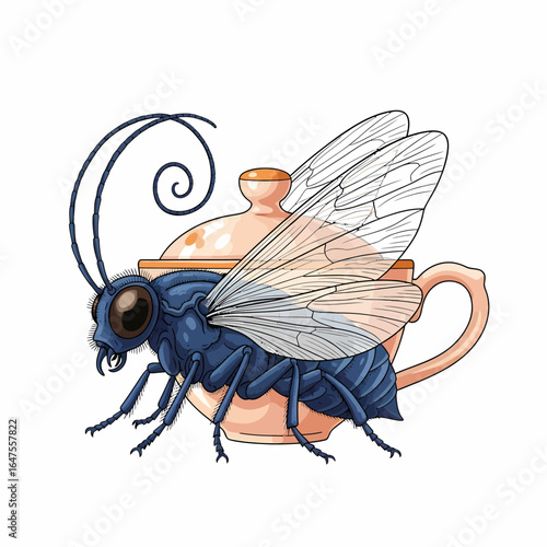 Vector insect flying on a teacup with wings