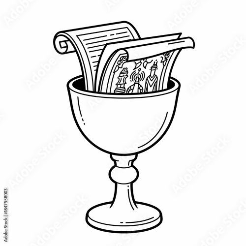 Line drawing of scrolls in a chalice with ancient figures