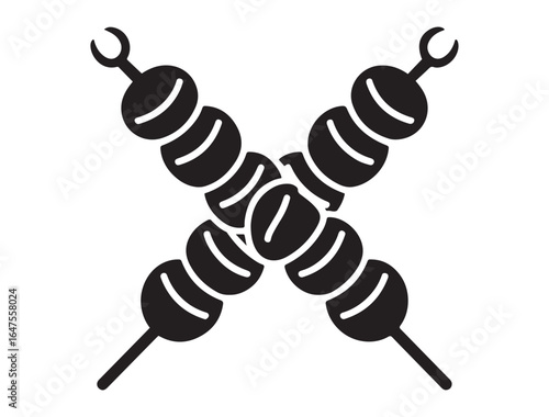 Crossed kebabs on skewers vector icon. Perfect for barbecue, grill, or outdoor cooking themes. Vector black silhouette. with white background