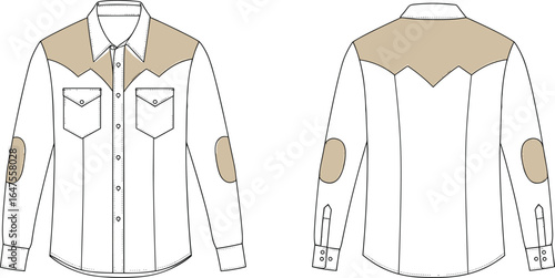 CAD drawing flat vector illustration of a classic shirt design, front and back views, with beige shoulder and elbow patches