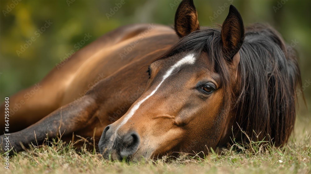 Fototapeta premium Brown horse lying on grass in a tranquil field during a sunny afternoon