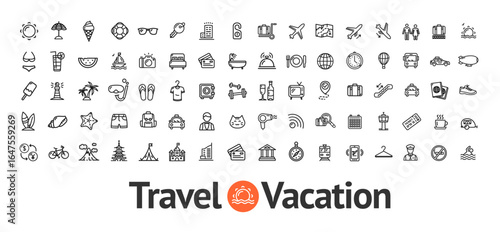Travel and Vacation Sign Black Thin Line Icon Set Include of . Vector illustration of Icons