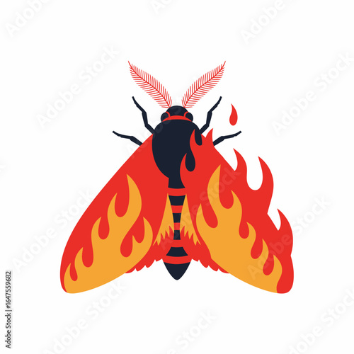 Flat vector moth with wings on fire burning