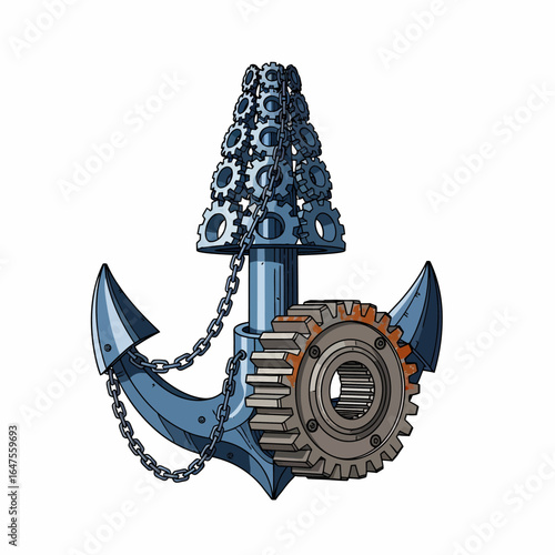 3D illustration anchor with gears mechanical assembly concept